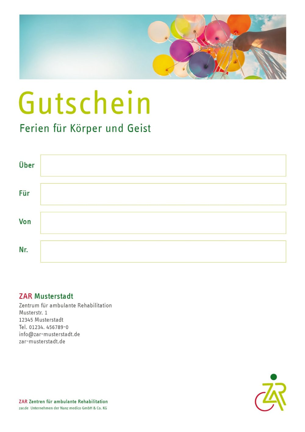 Geschenkgutschein-Vorschaubild über buchbare Behandlungen im ZAR Friedrichshafen - mit Luftballons, perfekt als Geburtstagsgeschenk.