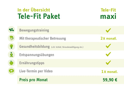 Online-Training Tele-Fit maxi im ZAR Friedrichshafen: Übersicht mit Bewegungstraining, 2x mtl. Betreuung, Live-Video-Termin für 59,90€/Monat.